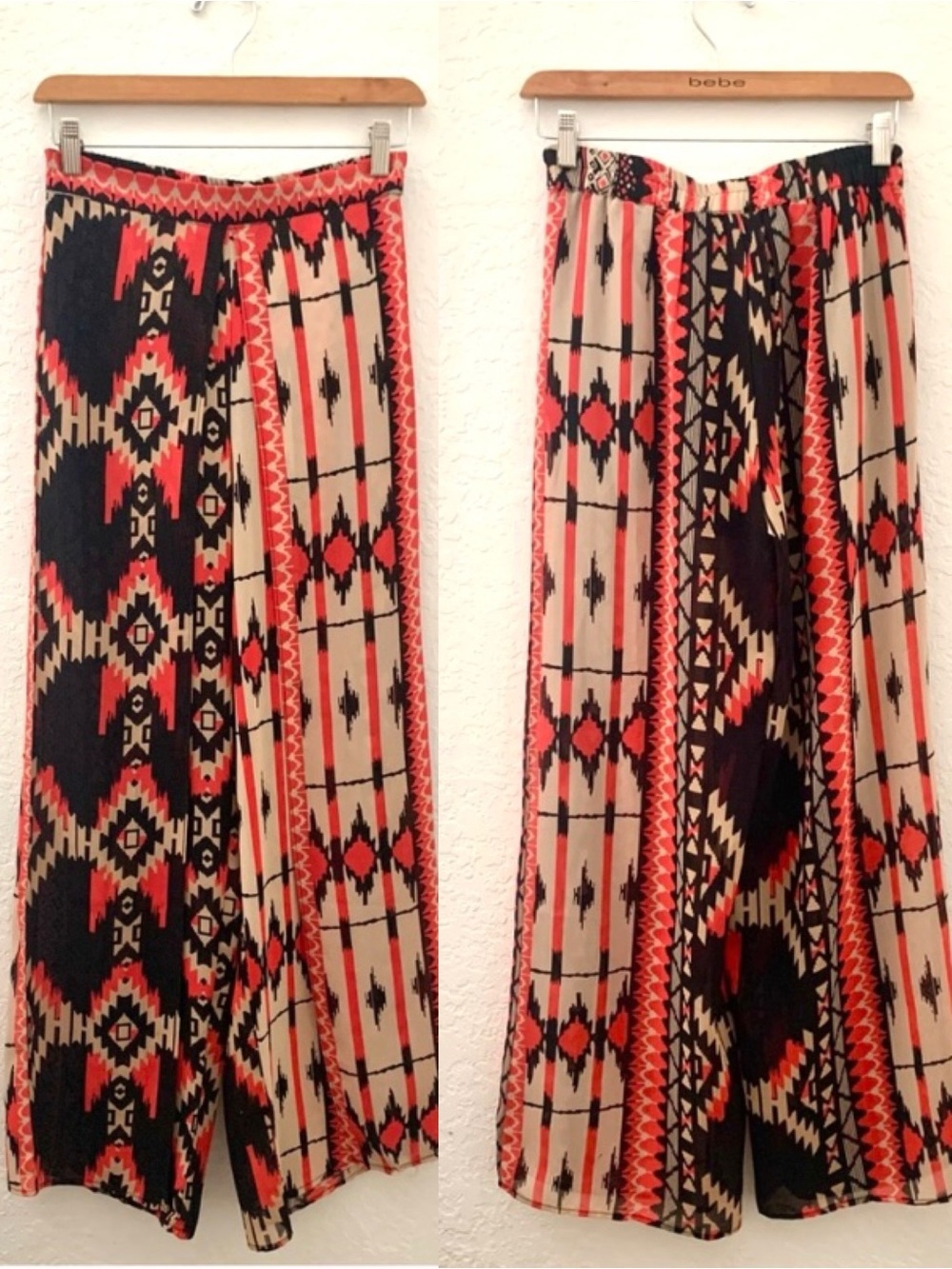 Coral, Black & Cream Aztec Wide-Leg Pants